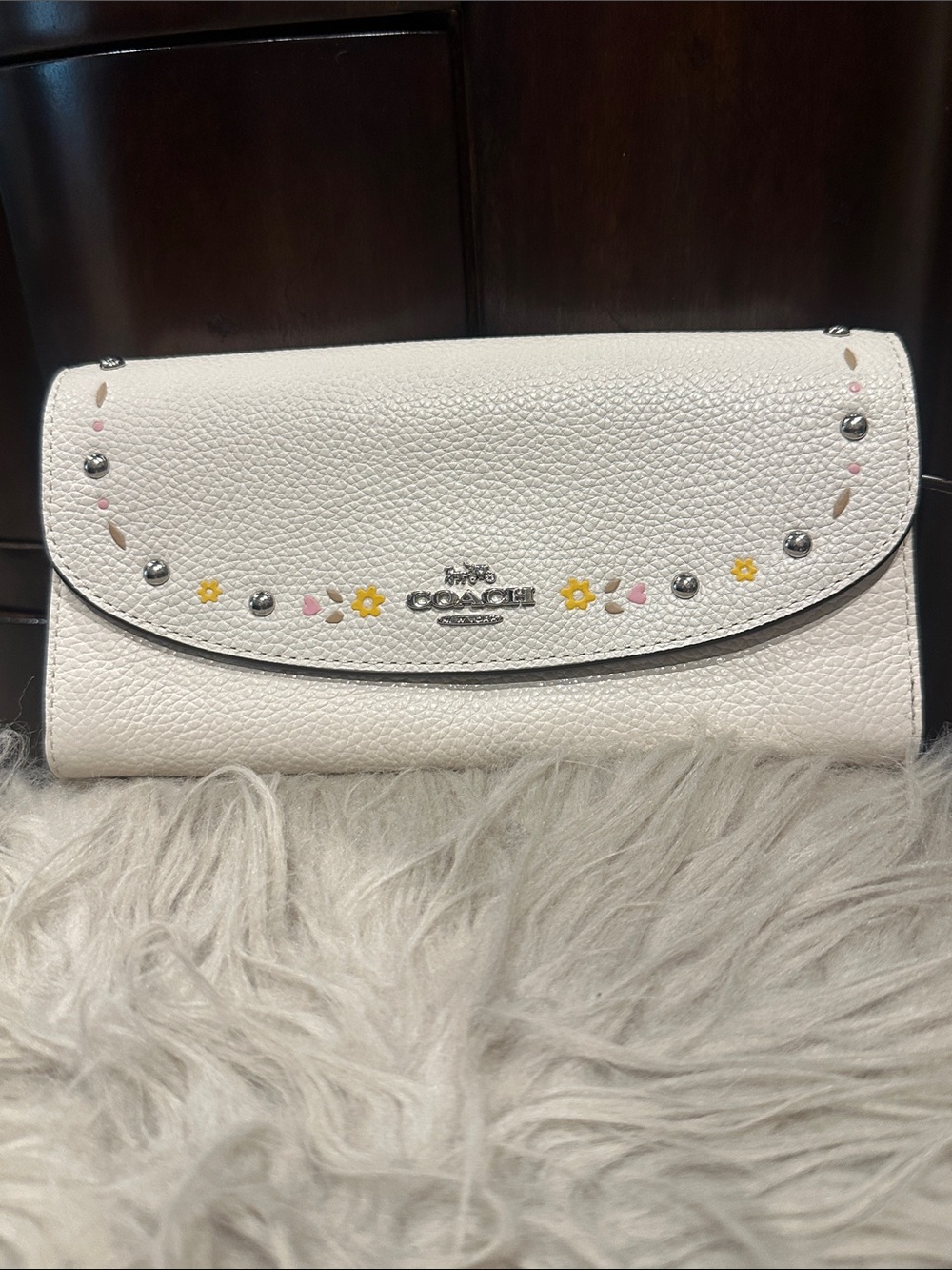 Authentic Coach White Floral-Stud Leather Wallet-Silver Accents